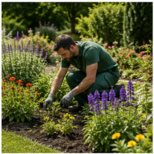 Jardinier entretenant un massif fleuri