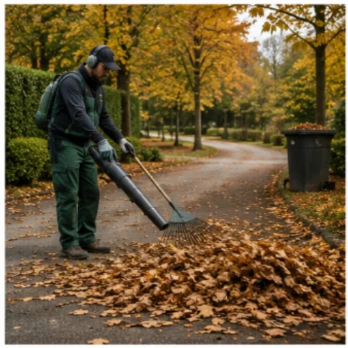 Jardinier ramassant des feuilles dans un espace extérieur
